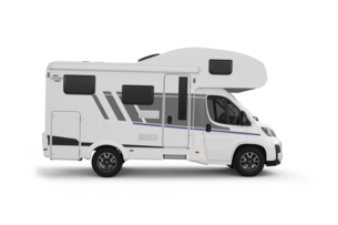 Carado camper met alkoof, zijaanzicht met toegangsdeur, ramen en opbergklep