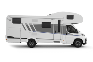 Carado camper, zijaanzicht van een alkoofmodel in wit met deur, ramen en grijze graphics