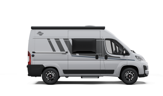 Carado camper van in side view, silver grey, with awning, sliding door and side window