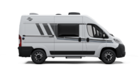 White side view of a Carado motorhome with sliding door, window and black decorative film