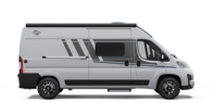 Carado campervan in side view, silver-grey, with sliding door, side window and awning