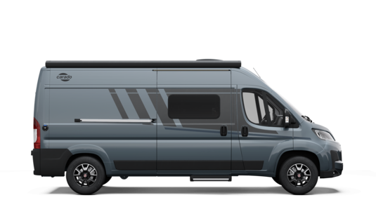Side view of a grey Carado camper van with sliding door, side window and awning