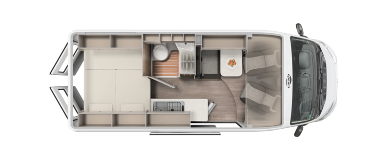 Carado motorhome layout with double bed, bathroom, kitchen and dinette, seen from above