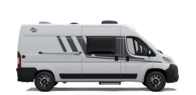 White Carado camper van, side view with sliding door, side window and graphic decals