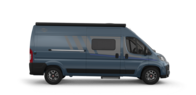 Blue Carado camper van in side view with sliding door, side window and awning