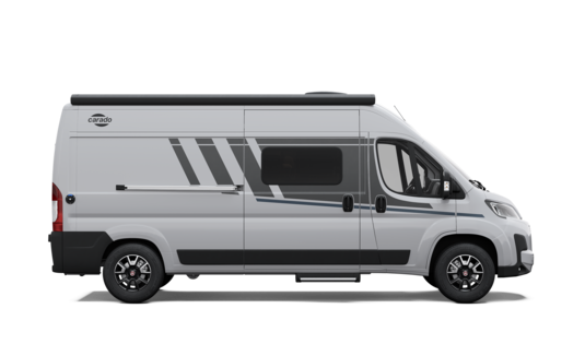 Carado motorhome camper van in side view, silver panel van with sliding door, side window and awning