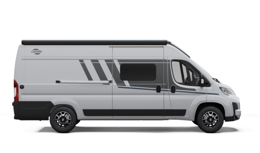 White Carado camper van, side view with sliding door, side window and awning on a black background