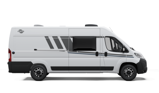 White side view of a Carado camper van with sliding door, side window and awning