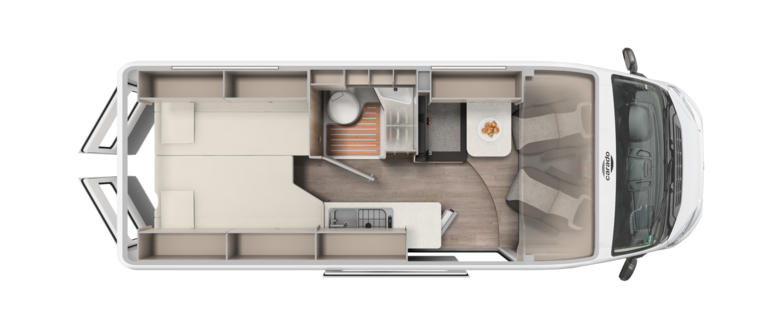 Carado motorhome floor plan with rear bed, bathroom, kitchen and dinette seen from above
