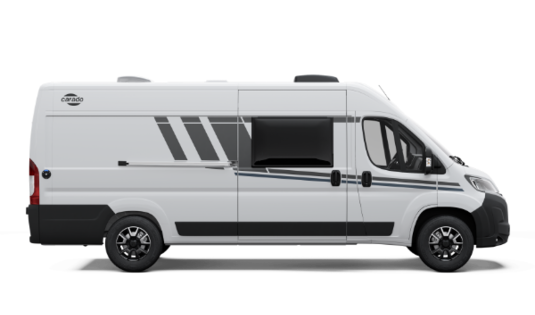 White Carado camper van seen from the side, with sliding door, side window and black decorative stripes