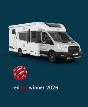 Carado motorhome in front three-quarter view against a blue background with Red Dot Winner 2026 logo