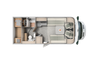 Carado motorhome floor plan with rear bed, bathroom, kitchen and lounge area