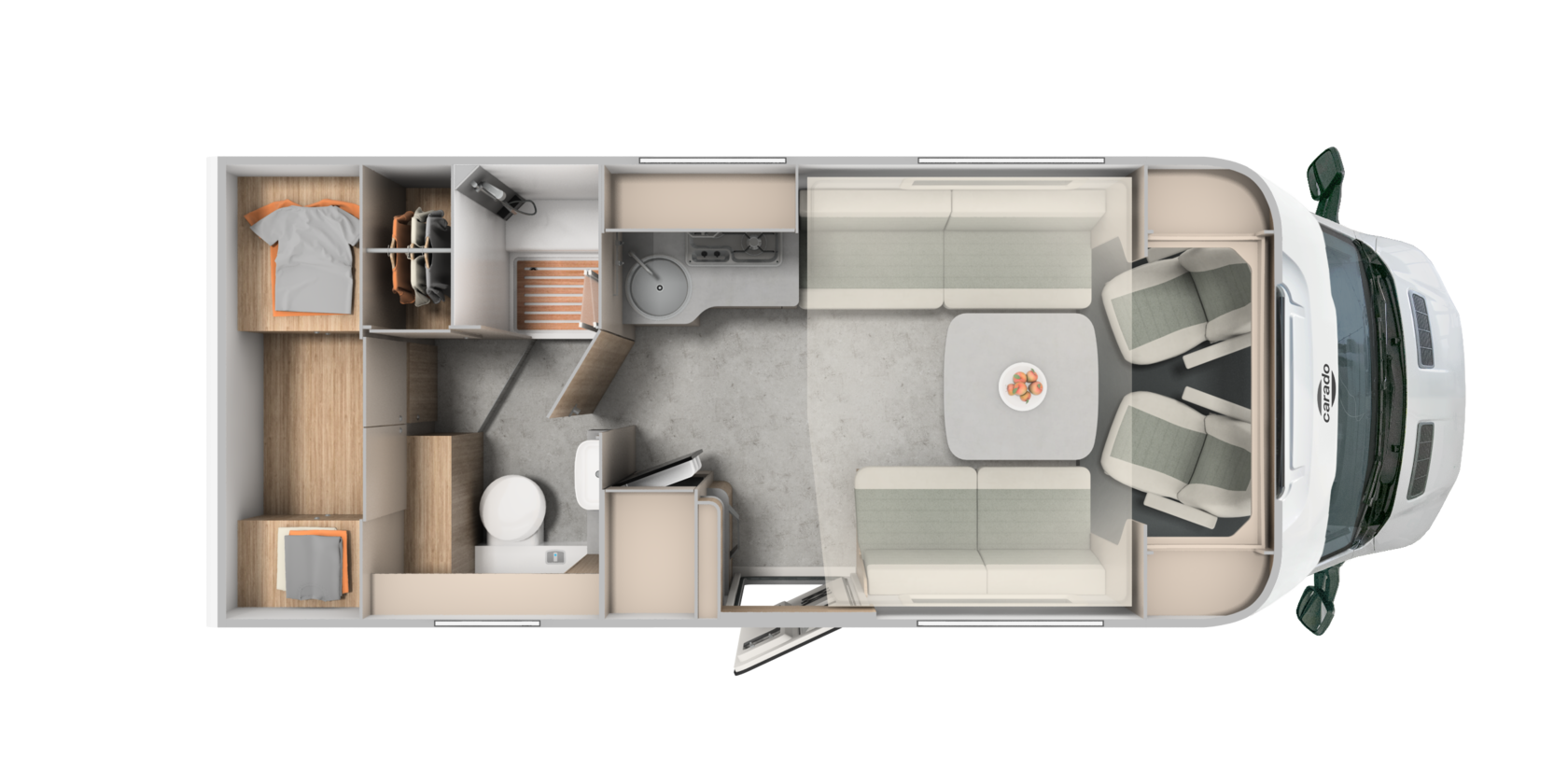 Carado motorhome floor plan with rear bed, bathroom, kitchen and lounge area