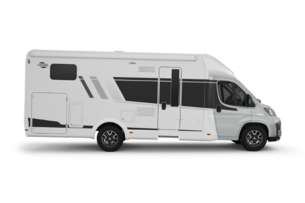 White Carado motorhome, side view with habitation door, windows and awning, isolated