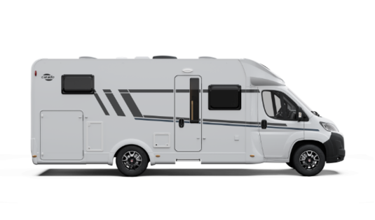 White side view of a Carado motorhome with entry door, windows and decorative striping on a cut-out background