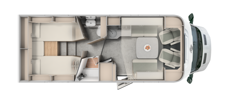 Pianta del motorhome Carado con letti singoli, dinette, cucina e bagno vista dall’alto