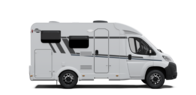 Carado motorhome, side view of a white semi-integrated motorhome