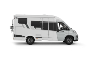 Carado Wohnmobil, Seitenansicht eines teilintegrierten Modells in Weiß freigestellt
