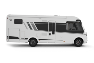 Carado camper, zijaanzicht van een witte integraalcamper op een uitgeknipte achtergrond