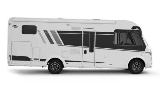 Carado camper, zijaanzicht van een witte integraalcamper op een uitgeknipte achtergrond