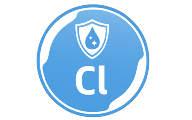 Symbole bleu-blanc avec une goutte et du texte pour l'élimination du chlore et des odeurs par le filtre à eau clearliQ travel HYMER dans le camping-car.