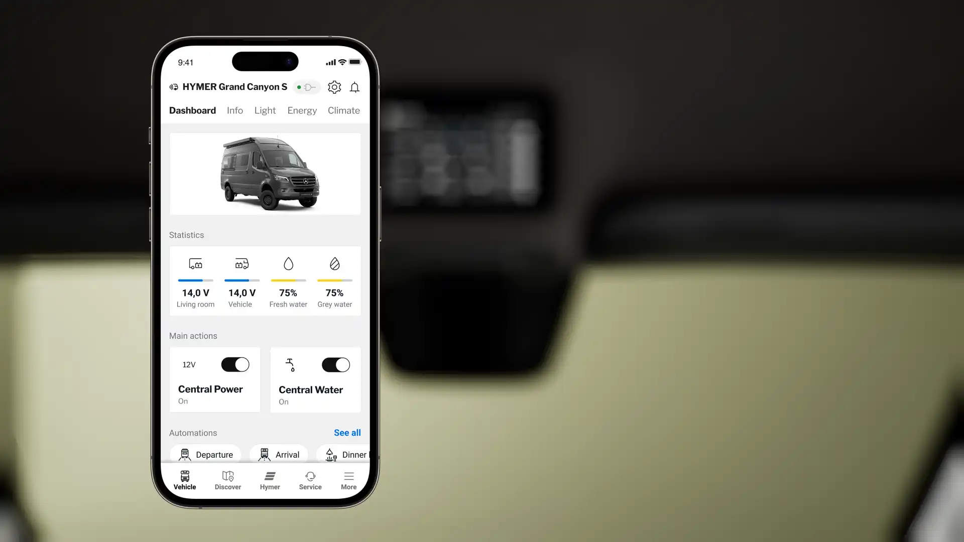 HYMER Connect-appen visar fordonsinformation och erbjuder inställningsmöjligheter på smarttelefonen.