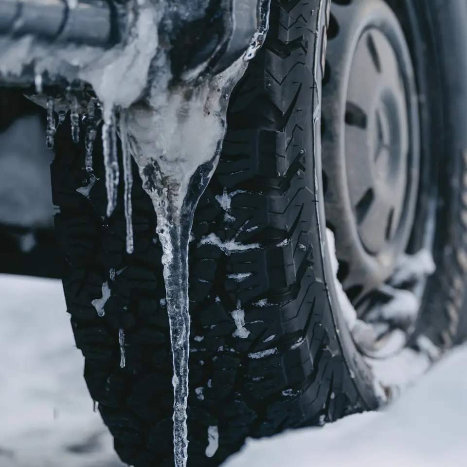 An icicle hangs under the chassis of a vehicle, the tire is visible in the background.